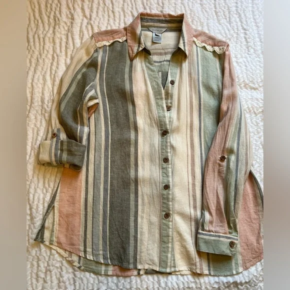 Multiples- Linen Blend Striped Button Down Shirt- Small - Picture 6 of 9